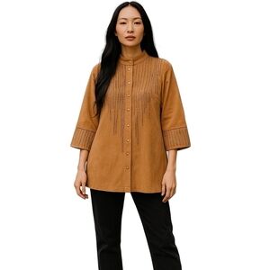 Bob Mackie VTG Blouse Women 1X Tan Suede Western Sequin Wearable Art Button Up
